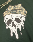 Close-up RF-Wear Beanie Skull Hoodie in Forest with Porcelain Sage beanie skull graphic.