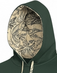 Close-up of porcelain satin lined hood on RF-Wear beanie skull hoodie in forest.