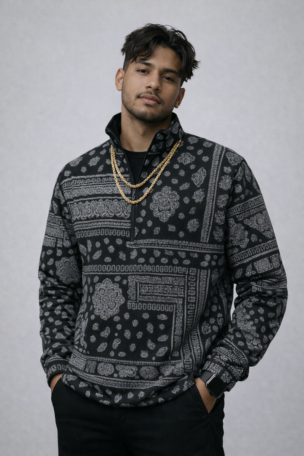 RF-Wear Quarter Zip Mismatch Bandana Top - Black/White – RFwear