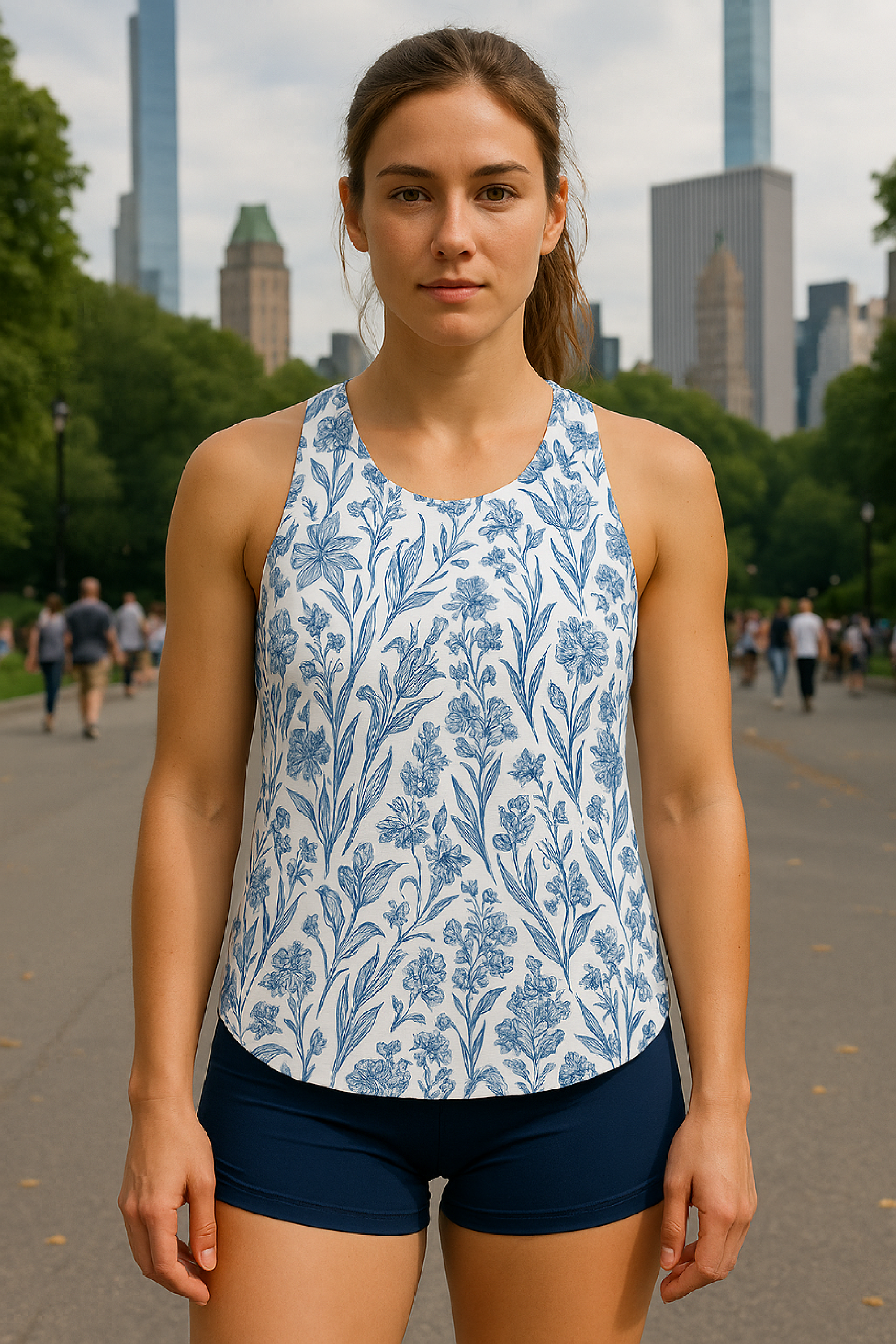 RF Wear Women's Crossed-Back Flowy Top - Porcelain - Blue/White - Model Front View