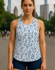 RF Wear Women's Crossed-Back Flowy Top - Porcelain - Blue/White - Model Front View