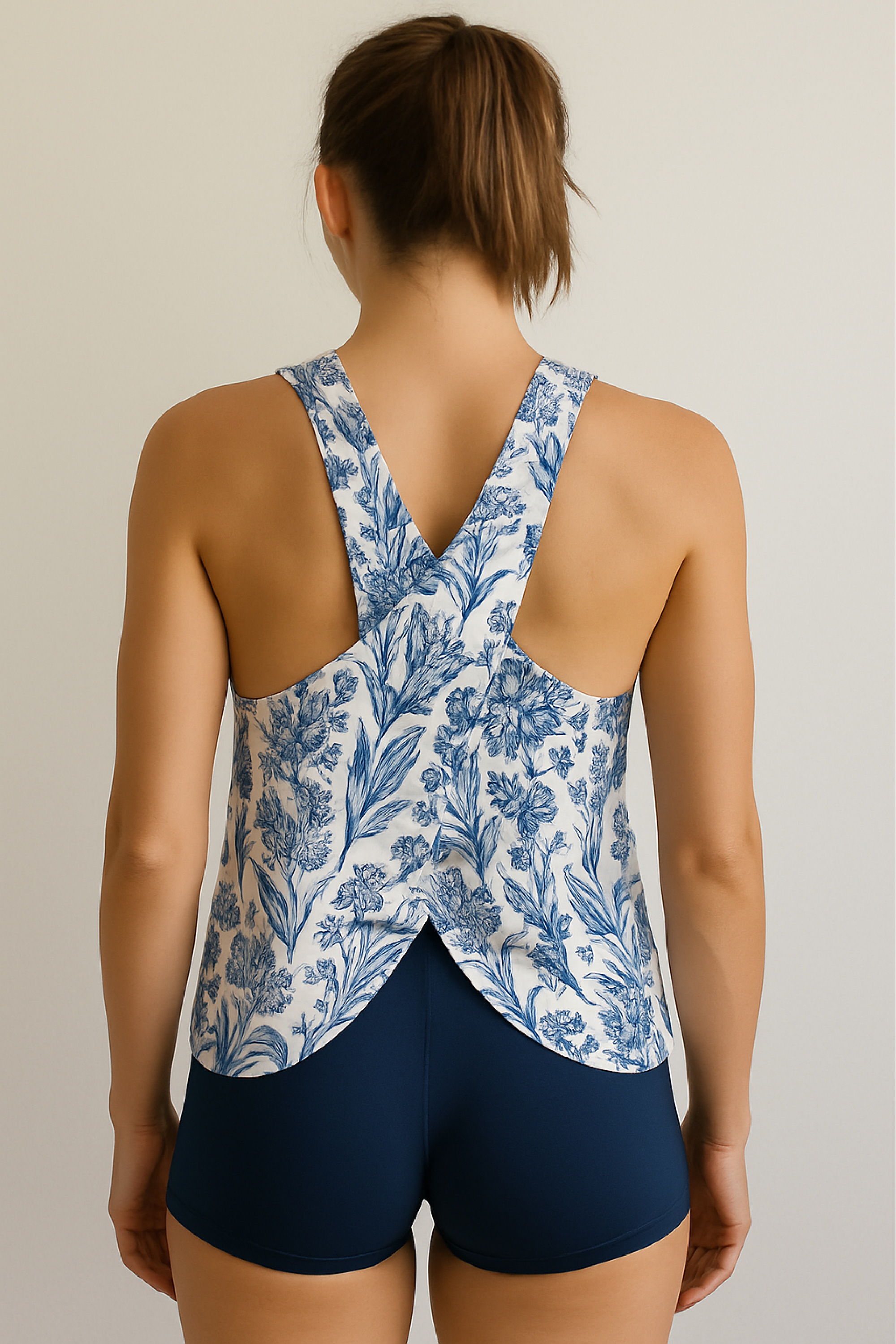 RF Wear Women's Crossed-Back Flowy Top - Porcelain - Blue/White - Model Back View