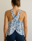 RF Wear Women's Crossed-Back Flowy Top - Porcelain - Blue/White - Model Back View