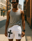 RF Wear Men's Graffiti Cross Shorts - White with Black Cross - Model Front View