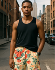 RF Wear Men's Floral Shorts - Cream/Red/Peach - Model Front View