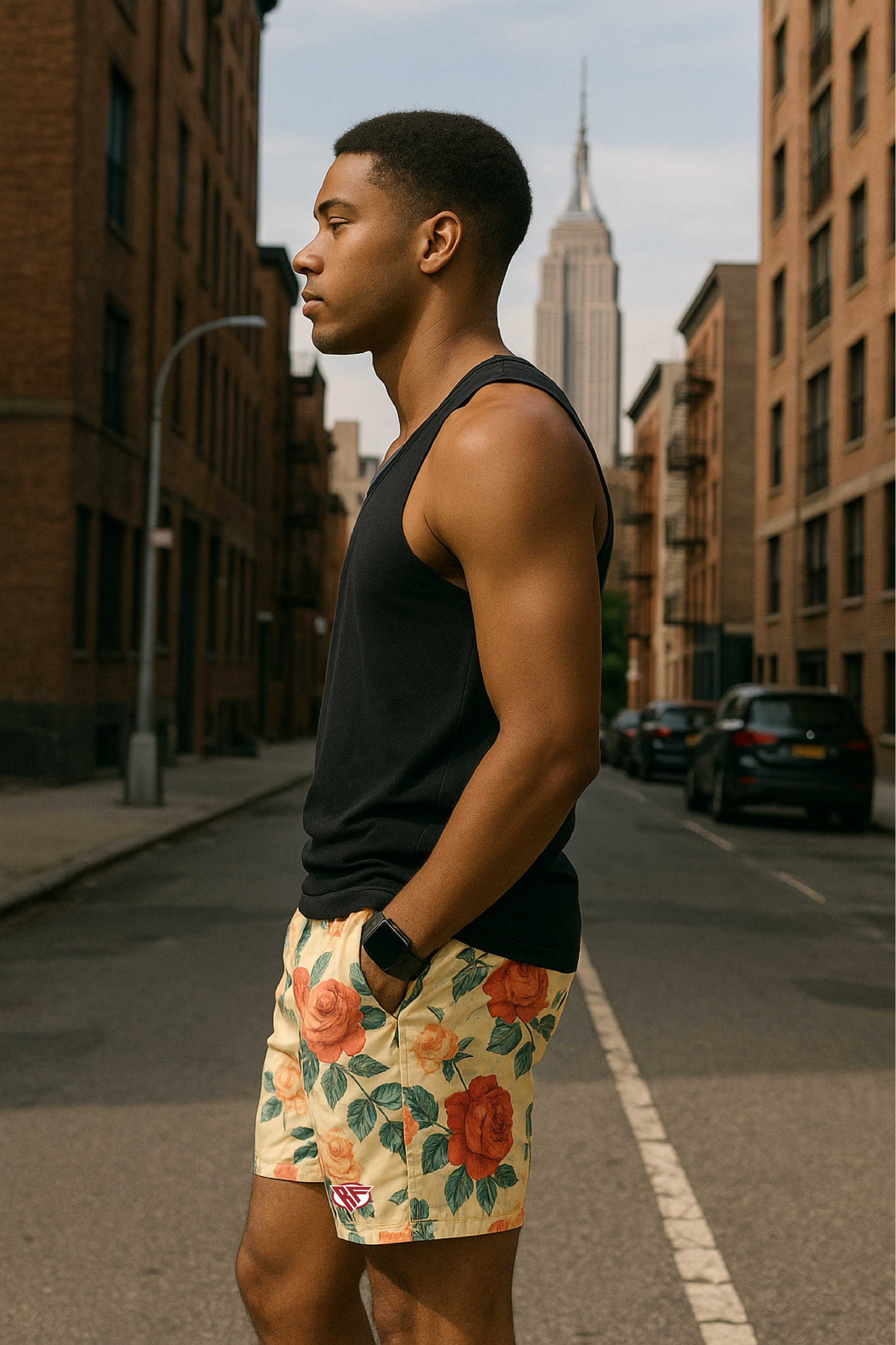 RF Wear Men's Floral Shorts - Cream/Red/Peach  - Model Side View