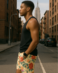 RF Wear Men's Floral Shorts - Cream/Red/Peach - Model Side View