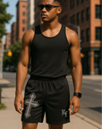 RF Wear Men's Graffiti Cross Shorts - Black with Grey Cross - Model Front View