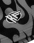 Close-up of RF-Wear Men's Mesh Flame Shorts in Black/Grey with RF logo
