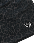 Close-up of RF-Wear Men's Animal Print Shorts - Leopard in Black with RF logo