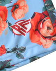Close-up of RF-Wear Men's Floral Shorts in Sky-Blue/Red/Peach with RF logo