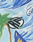 Close-up of RF-Wear Men's Hawaiian Shorts in Blue with RF logo