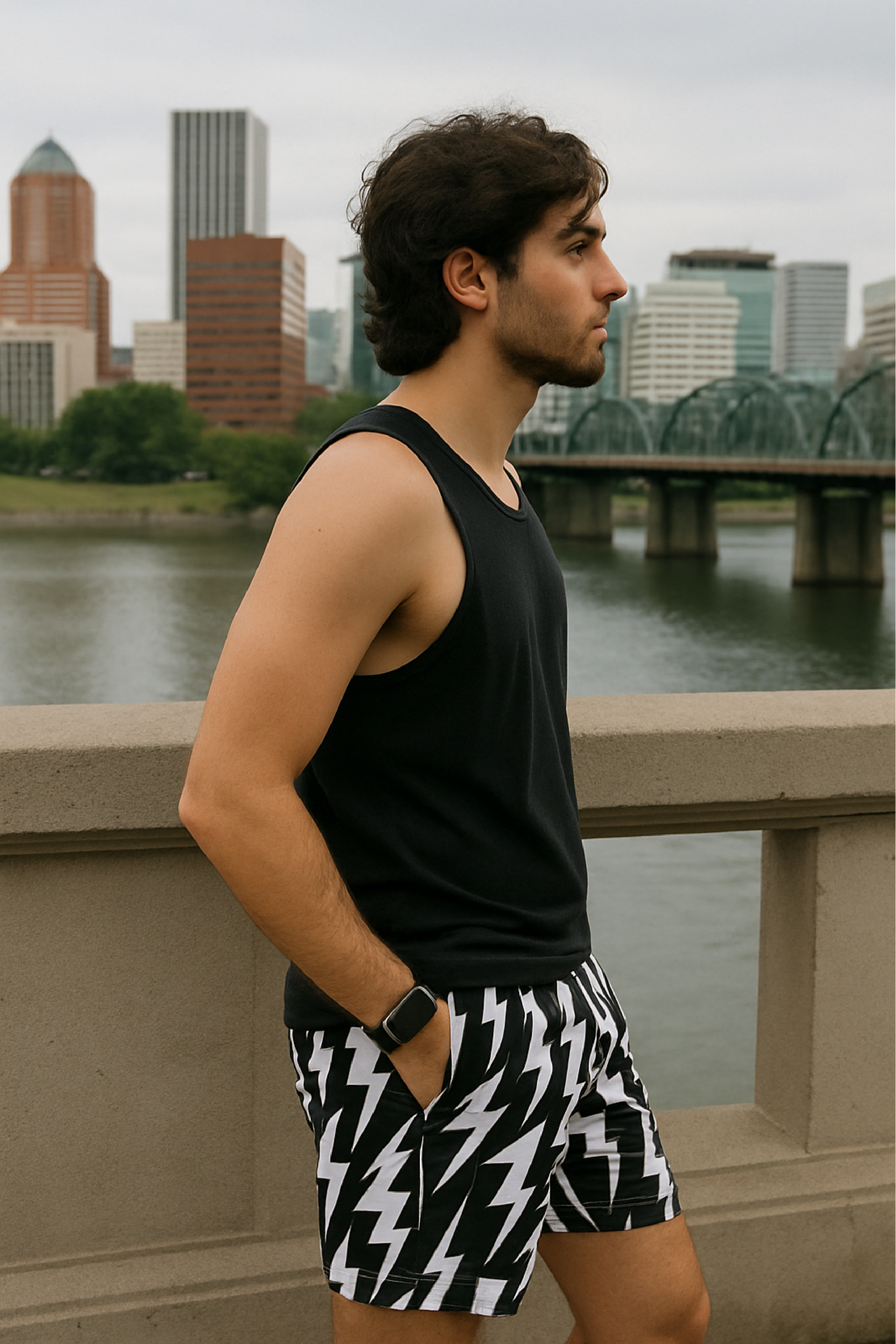 RF Wear Men's Lightning Bolt Shorts - Black/White - Model Side View