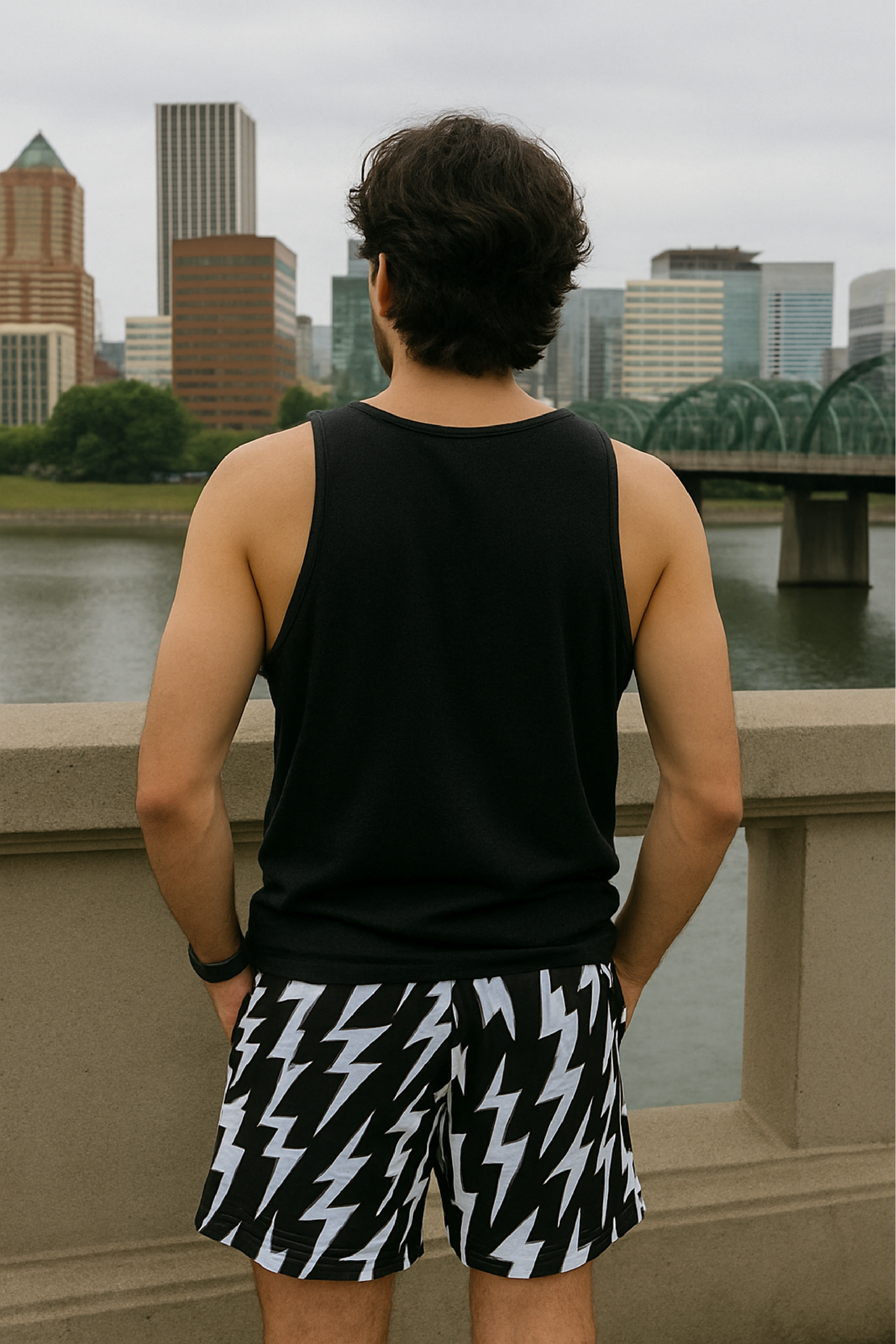 RF Wear Men's Lightning Bolt Shorts - Black/White - Model Back View