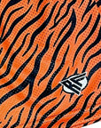 Close-up of RF-Wear Men's Mesh Animal Print Shorts - Tiger - Orange/Black with RF logo