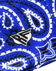 Close-up of RF-Wear Men's Mesh Bandana Shorts in blue with RF logo.