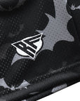Close-up of RF-Wear Men's Mesh Bats Shorts in Black/Grey with RF logo