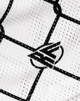 Close-up of RF-Wear Men's Mesh Chain Link Shorts in White/Black with RF logo