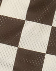 Close-up of RF-Wear Men's Mesh Checkered Shorts in Mocha/Cream