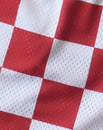 Close-up of RF-Wear Men's Mesh Checkered Shorts in Red/White