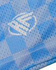 Close-up of RF-Wear Men's Mesh Checkered Shorts in Sky-Blue with RF logo