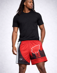 Man wearing a black short sleeve top and RF-Wear Men's Mesh Kansas City Cityscape Shorts in Black/Red