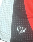 Close-up of RF-Wear Men's Mesh Kansas City Cityscape Shorts in Black/Red with RF logo