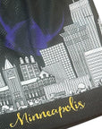 Close-up of RF-Wear Men's Mesh Minneapolis Cityscape Shorts in Black/Purple