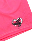 Close-up of RF-Wear Men's Mesh Split Convo Heart Shorts in Pink/Multicolor with RF logo
