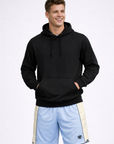 Man wearing a black hoodie and RF-Wear Men's Mesh Cream Stripe V-Cut Shorts in Blue