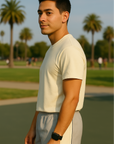 RF Wear Men's Mesh Cream Stripe V-Cut Shorts - Grey - Model Side View
