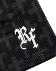 Close-up of RF-Wear Men's Mesh Cross 2.0 Shorts in Black with RF logo