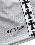 Close-up of RF-Wear men's mesh cross trim shorts in grey with black crosses trim.