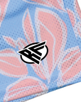 Close-up of RF-Wear Men's Mesh Floral Hawaiian Shorts in Blue/Pink with RF logo