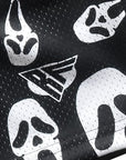 Close-up of RF-Wear Men's Mesh Ghost Faces Shorts in Black/White with RF logo