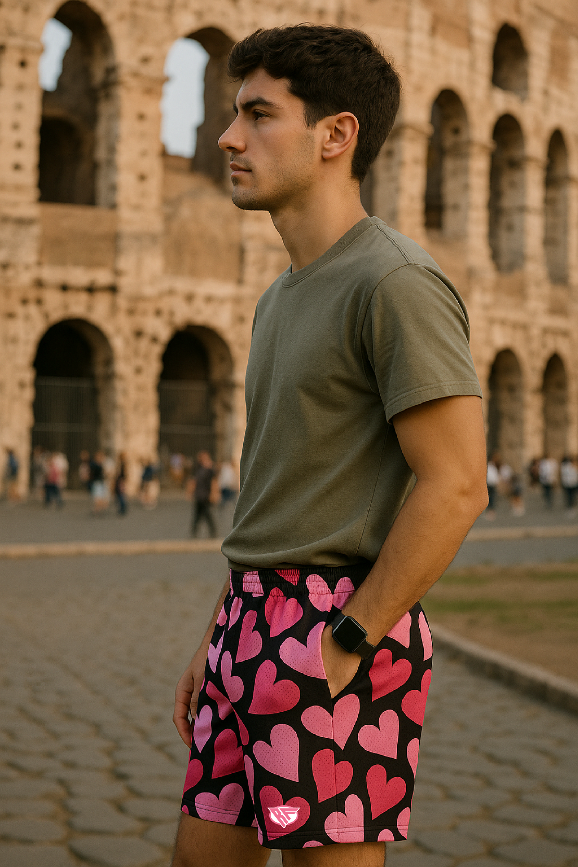 RF Wear Men's Mesh Heart Shorts - Black/Pink - Model Side View
