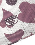 Close-up of RF-Wear Men's Mesh Heart Shorts in White/Purple with RF Logo