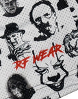 Close-up of RF-Wear Men's Mesh Horror Faces Shorts in White with RF WEAR logo in red