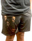 Man wearing RF-Wear Men's Mesh Horror Squad Shorts in Black