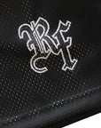 Close-up of RF-Wear Men's Mesh Hound Dog Shorts in Black with RF logo