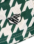 Close-up of RF-Wear Men's Mesh Houndstooth Shorts in Green/White with RF logo