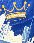 Close-up of RF-Wear Mesh Kansas City Cityscape Shorts in Blue/White
