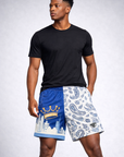 Man wearing a black t-shirt and RF-Wear Men's Mesh Kansas City Cityscape Shorts in Blue/White