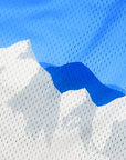 Close-up of RF-Wear Men's Mesh Mountain Skyline Shorts in Blue/White