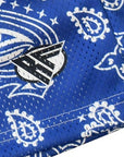 Close-up of RF-Wear Men's Mesh Paisley Shorts in Blue/White with RF logo