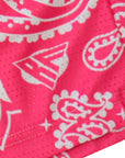 Close-up of RF-Wear Men's Mesh Paisley Shorts in Fuchsia/White with RF logo
