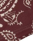 Close-up of RF-Wear Men's Mesh Paisley Shorts in Merlot/Cream with RF logo