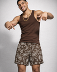 Man wearing a brown tank top and RF-Wear Men's Mesh Paisley Shorts in Mocha/Cream