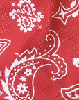 Close-up of RF-Wear Men's Mesh Paisley Shorts in Red/White