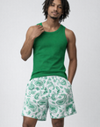 Man wearing a green tank top and RF-Wear Men's Mesh Paisley Shorts in White/Green